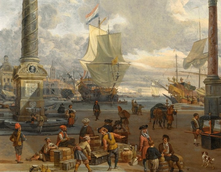 Abraham Storck, Southern harbour scene with merchants (cropped)